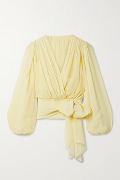 Silk-chiffon Wrap Top - Pastel yellow