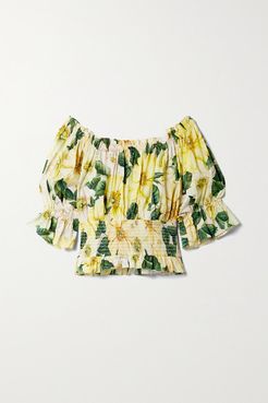 Off-the-shoulder Ruffled Floral-print Cotton-poplin Blouse - Yellow