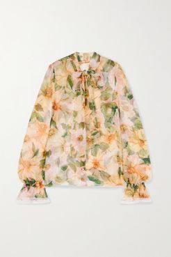 Pussy-bow Lace-trimmed Floral-print Silk-blend Chiffon Blouse - Yellow