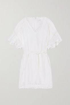 Belted Ruffled Crochet-paneled Embroidered Ramie Mini Dress - White