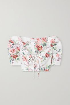 Bellitude Cropped Lace-up Floral-print Linen Top - Ivory
