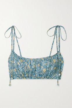 Carnaby Cropped Gathered Floral-print Linen Top - Light blue