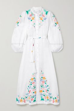 Fiesta Belted Embroidered Linen Maxi Dress - Ivory