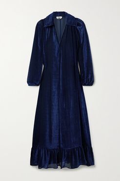 Ruffled Devoré-velvet Midi Dress - Midnight blue