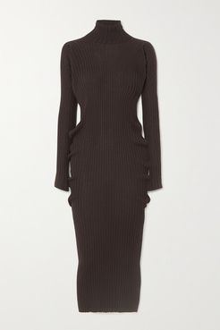 Ribbed Wool Turtleneck Midi Dress - Brown