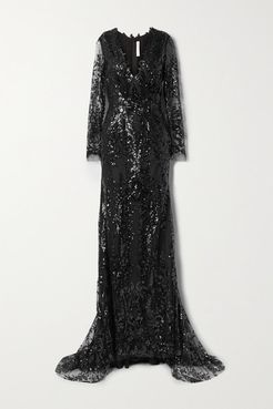 Sequined Tulle Gown - Black