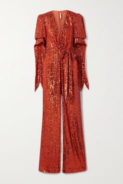 Belted Sequined Tulle Wrap-effect Jumpsuit - Red