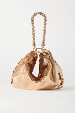 Callie Tasseled Sequined Satin Shoulder Bag - Gold