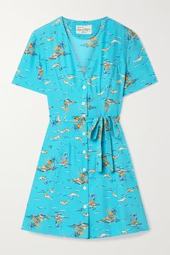 Rosemary Belted Printed Silk-satin Mini Dress - Turquoise