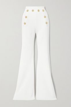Button-embellished Stretch-knit Flared Pants - White