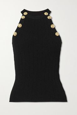 Button-embellished Ribbed-knit Tank - Black