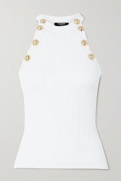 Button-embellished Ribbed-knit Tank - White