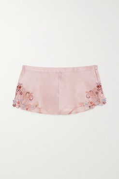 Maison Rainbow Embroidered Lace-trimmed Silk-satin Pajama Shorts - Blush