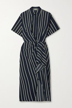 Draped Striped Twill Dress - Navy