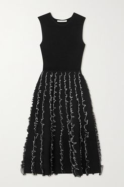 Two-tone Ruffled Stretch-knit Midi Dress - Black