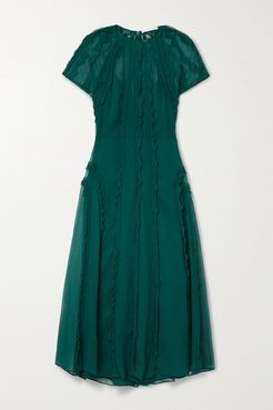 Ruffled Crinkled Silk-chiffon Midi Dress - Dark green