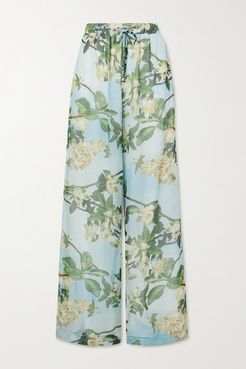 Floral-print Crepon Wide-leg Pants - Mint