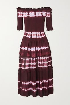 Ayaka Off-the-shoulder Smocked Tie-dyed Knitted Midi Dress - Burgundy