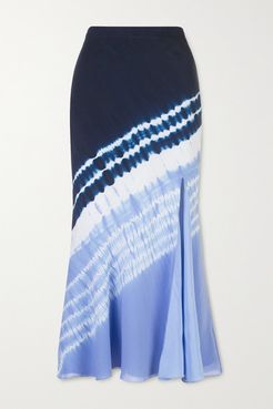 Sachiko Tie-dyed Silk Crepe De Chine Midi Skirt - Blue