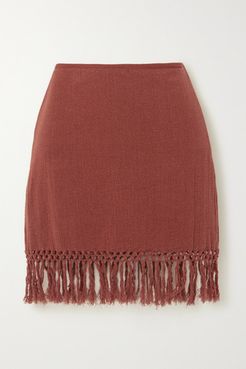 The Jasmine Fringed Macramé Ramie Mini Skirt - Brick