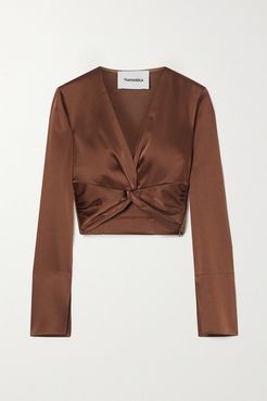 Ula Cropped Twist-front Satin Top - Brown