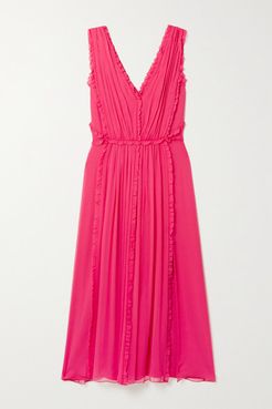 Ruffled Silk-crepon Midi Dress - Bright pink