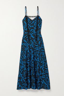 Pleated Lace-trimmed Zebra-print Crepe Midi Dress - Cobalt blue