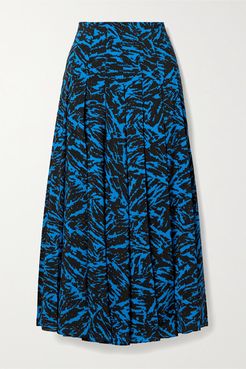Pleated Zebra-print Crepe Midi Skirt - Cobalt blue