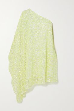 One-shoulder Asymmetric Sequined Mesh Kaftan - Chartreuse