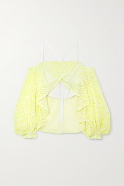 Off-the-shoulder Asymmetric Sequined Mesh Top - Chartreuse