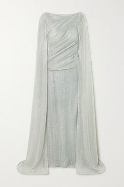 Cape-effect Ruched Metallic Voile Gown - Sky blue