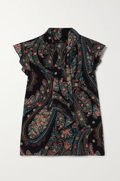 Tie-detailed Ruffled Paisley-print Silk Crepe De Chine Blouse - Black