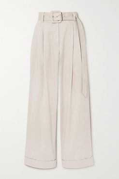 Belted Bead-embellished Pleated Cotton-blend Twill Wide-leg Pants - Ivory