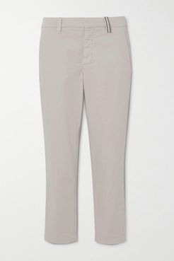 Bead-embellished Stretch Cotton And Lyocell-blend Twill Slim-leg Pants - Ivory