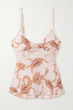 Lace-trimmed Paisley-print Satin Camisole - Blush