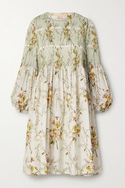 Shirred Floral-print Cotton-blend Poplin Mini Dress - Beige