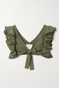 Le Cercle Cropped Ruffled Cotton And Silk-blend Faille Top - Army green