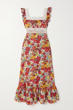 Margherita Lace-trimmed Tiered Floral-print Cotton-voile Midi Dress