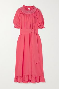 Belted Smocked Silk Crepe De Chine Nightdress - Pink