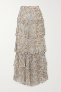 Tiered Paisley-print Silk-crepon Maxi Skirt - Beige