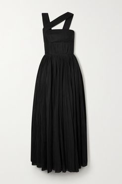 Norah Asymmetric Pleated Linen Midi Dress - Black