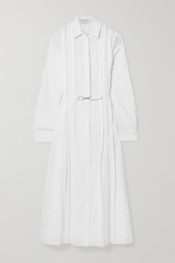 Vera Belted Pintucked Cotton-voile Midi Shirt Dress - White