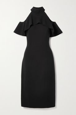 Cold-shoulder Ruffled Stretch-wool Midi Dress - Black