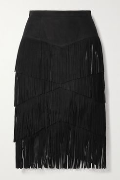 Fringed Suede Midi Skirt - Black