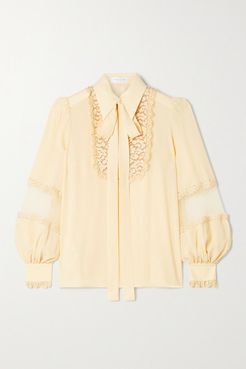 Corded Lace And Point D'esprit-trimmed Silk-crepe Blouse - Cream