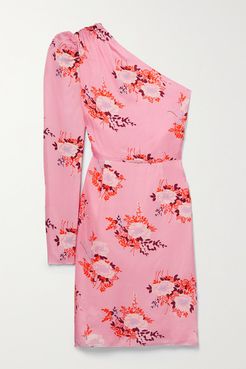One-sleeve Floral-print Matte-satin Mini Dress - Pastel pink