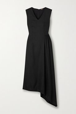 Asymmetric Gathered Canvas Midi Dress - Black