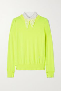 Poplin And Crocheted Lace-trimmed Wool Sweater - Yellow
