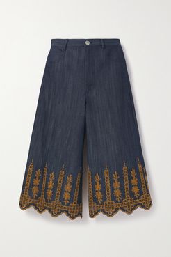 Cropped Embroidered High-rise Wide-leg Jeans - Dark denim
