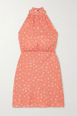 Éclair Printed Crepe De Chine Mini Halterneck Dress - Peach